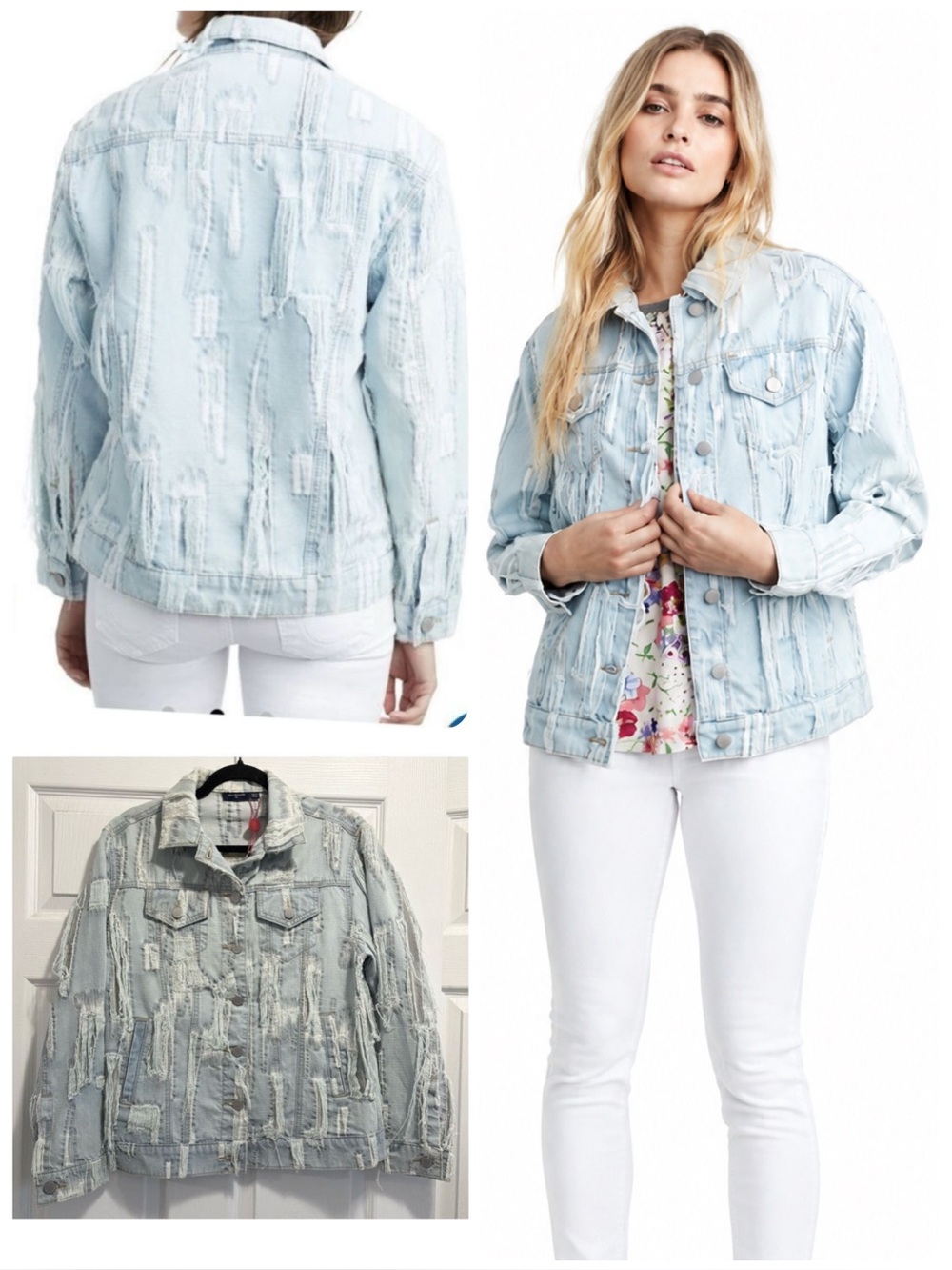 True Religion Women's Denim Trucker Jean Jacket Distressed Cyan Cyclone Coat XS